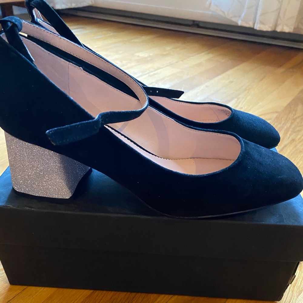 J. Crew Celia pump in black suede w/ ankle strap